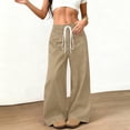thumbnail image 2 of Women's Wide Leg Pants Faux Suede High Waist Barrel Palazzo Pants Casual Waistband Drawstring Comfy Baggy Trousers Khaki, 2 of 8