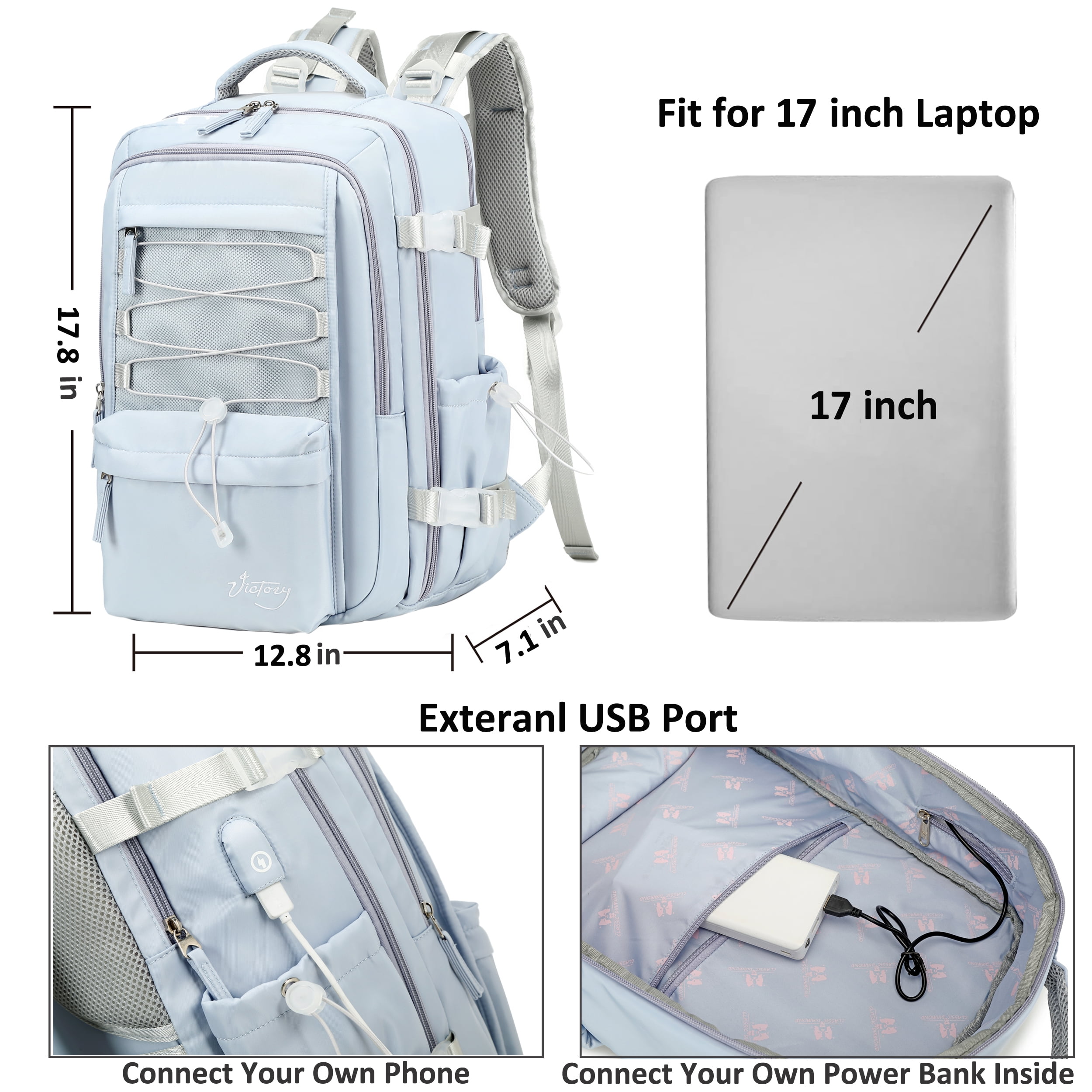 Travel Backpack for Women Men 17 Inch Laptop Backpacks with USB Port Carry on Bag Airline Approved Large College School Bookbags Waterproof Work Business Sport Rucksack Casual Daypack (Blue)