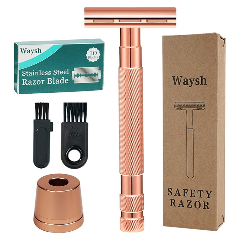 Waysh Classic Double Edge Safety Razor Gift Set for Men with Knurled Non-Slip Handle, Includes Stand & 20 Blades, Rose Gold