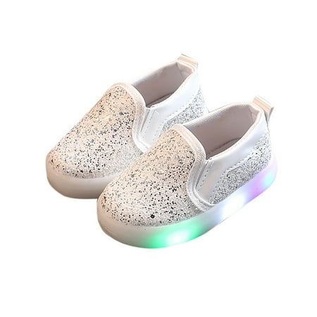 Tao Tao Toddle Girl s Light Up Sequins Slip On Loafers Flashing LED Casual Shoes Flat Sneakers White 1 Years