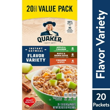 Quaker Instant Oatmeal, Flavor Variety Value Pack, 20 Packets (8 Apples & Cinnamon, 8 Maple & Brown Sugar, 4 Cinnamon Spice)