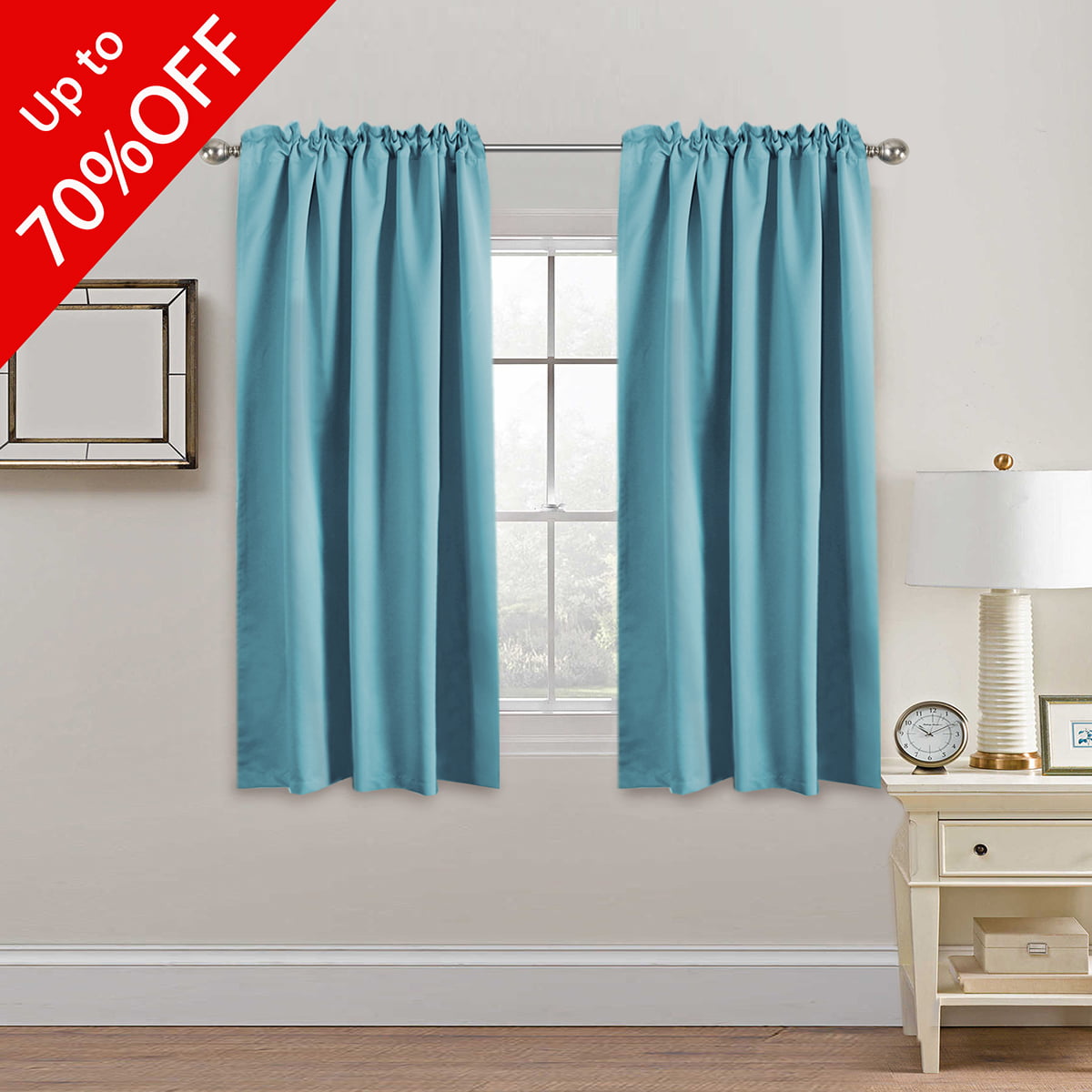 Back Tab and Rod Pocket Solid Thermal Insulated Bedroom Blackout Curtain 2 Panel 