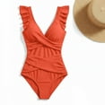 thumbnail image 4 of Xdegoge One Piece Swimsuits for Women V Neck Ruffle Flutter Sleeve Ruched Tummy Control Monokini Bathing Suits Wrap Front Solid Flattering Summer Cruise, 4 of 6