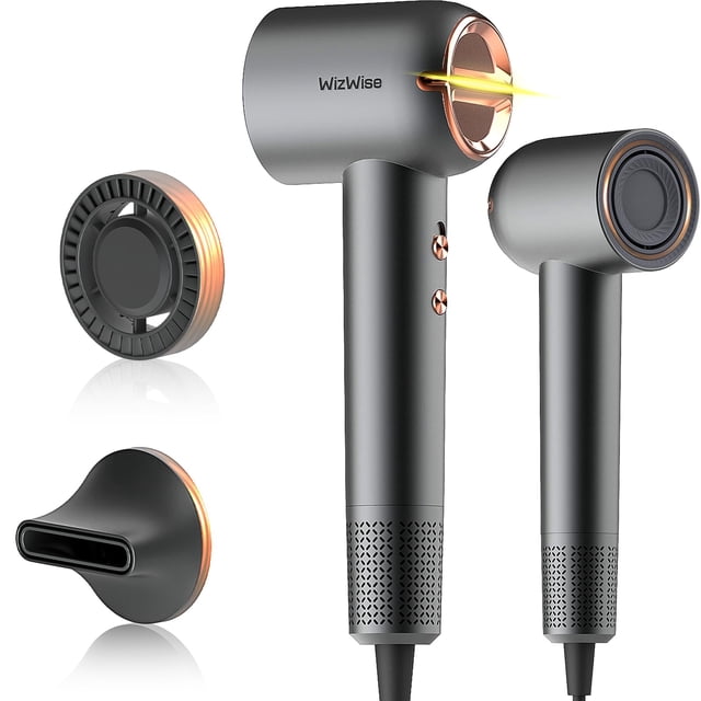 Wizwise - Secador de pelo iónico con boquilla de suavizado, 1500 W, 110.000 RPM, 4 temperaturas, 2 velocidades, 2 accesorios para rizos, gris