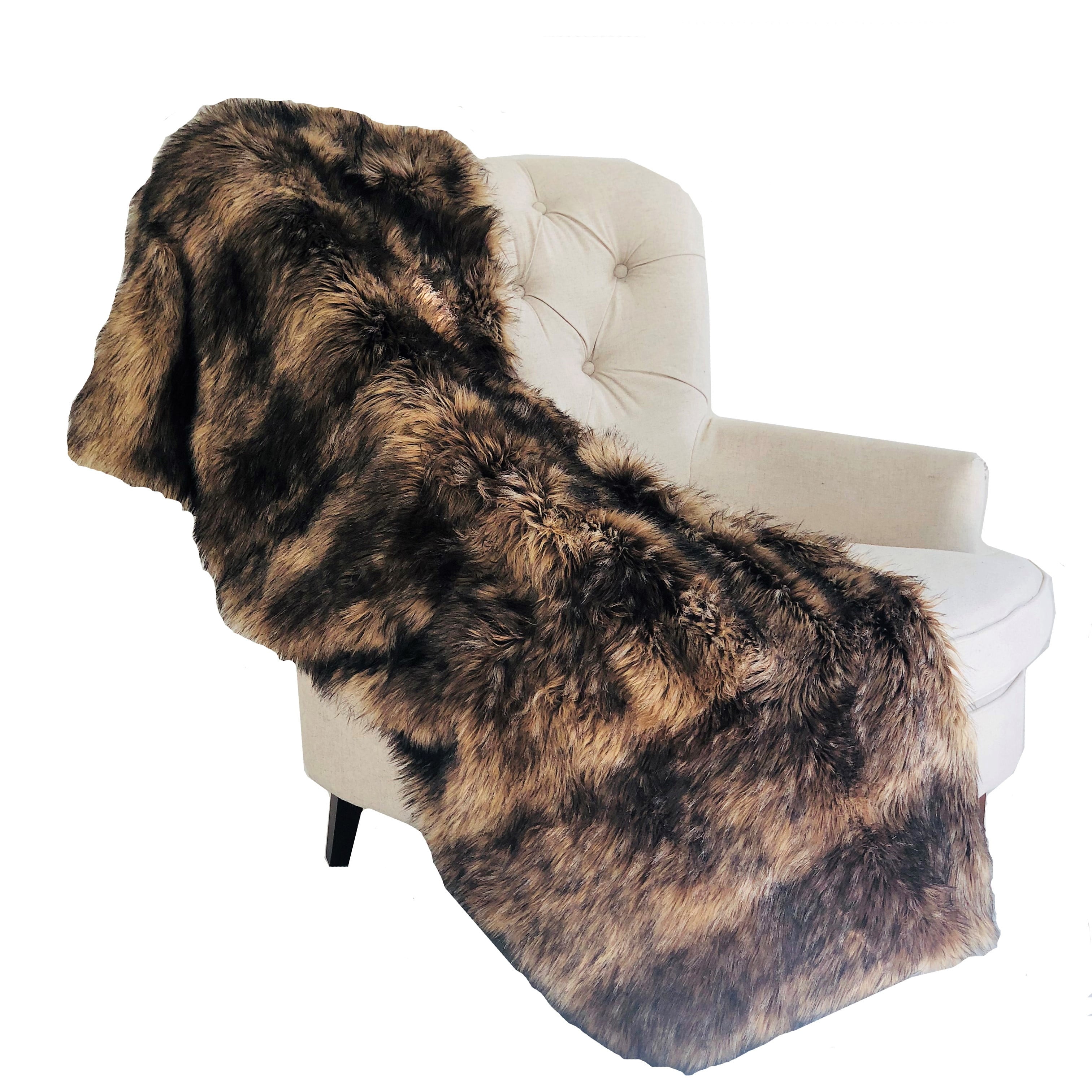 Fur Accents Soft Plush Coyote Fur Throw Blanket 100% Animal Friendly Minky Cuddle Lining USA Golden Wolf Stripe 5'x7'