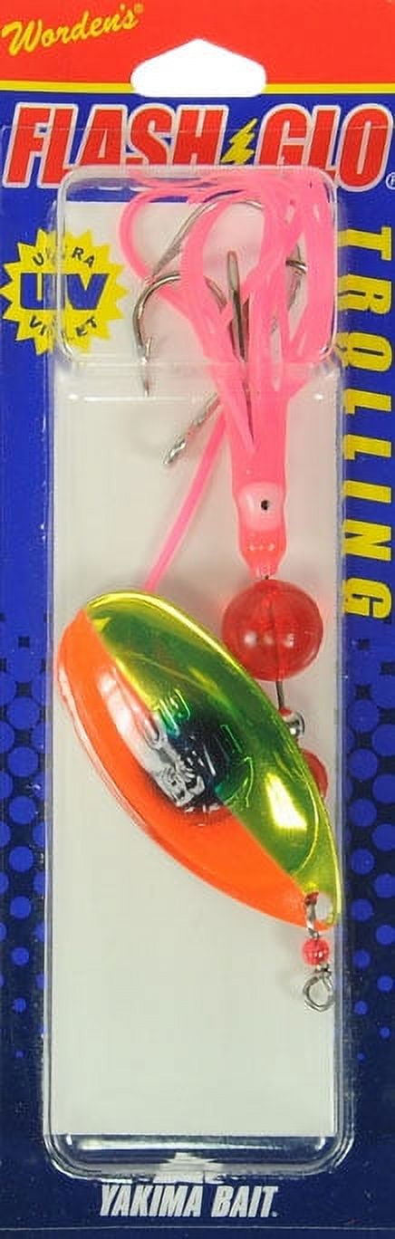Yakima Bait Worden's Flash Glo 4-3/4" UV Squid Spinners Trolling Fishing Lure, Metallic Chartreuse Flame Blue Dot