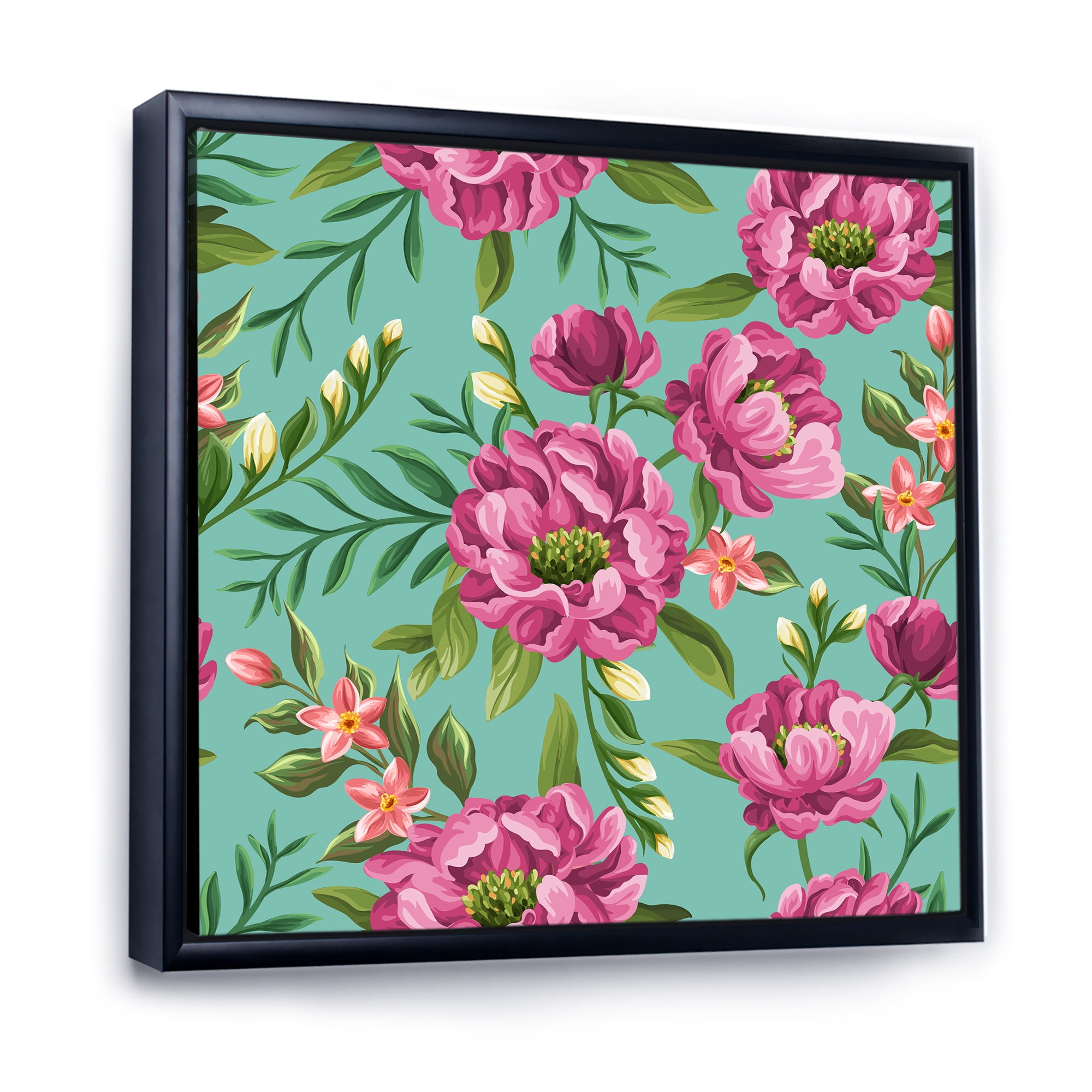 Fuchia Pink Flowers On Green VIntage 30 in x 30 in Framed Painting Canvas Art Print, by Designart