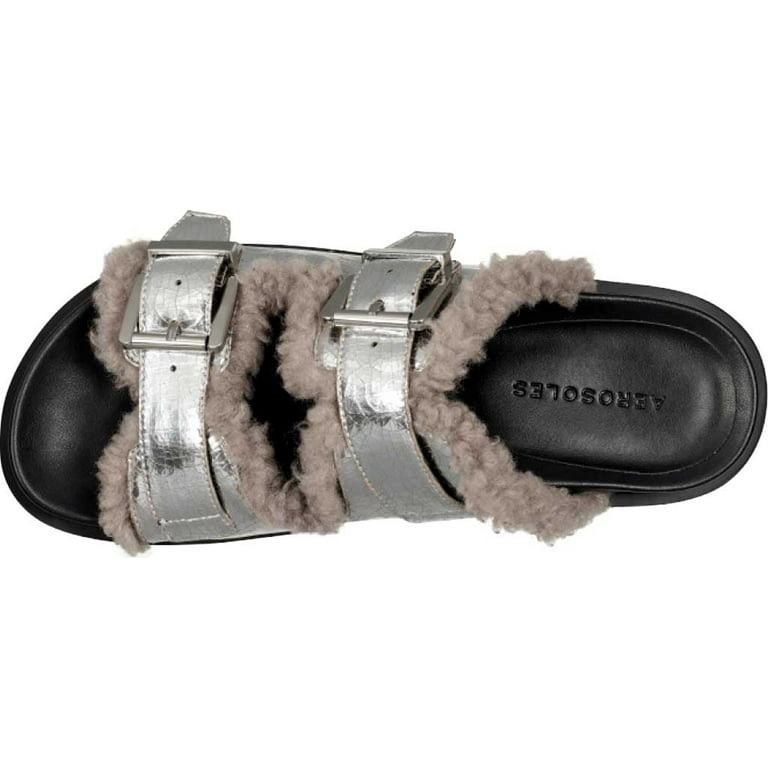 Women s Aerosoles Olivia Faux Fur Platform Slide Silver Combo Faux