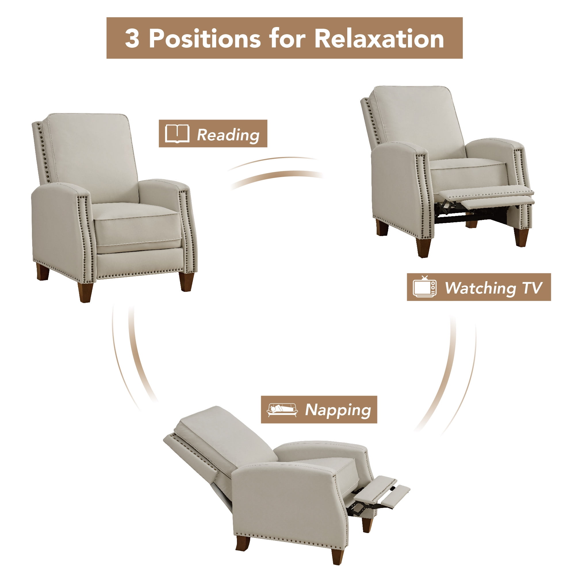 Spruce & Spring Classic Push-Back Recliner with Nailhead Trim for Living Room, Beige