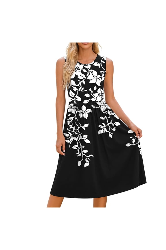 Casual Summer Dresses for Women Crew Neck Sleeveless Midi Dress Wide Strap Floral Dresses with Pockets Sun Dress