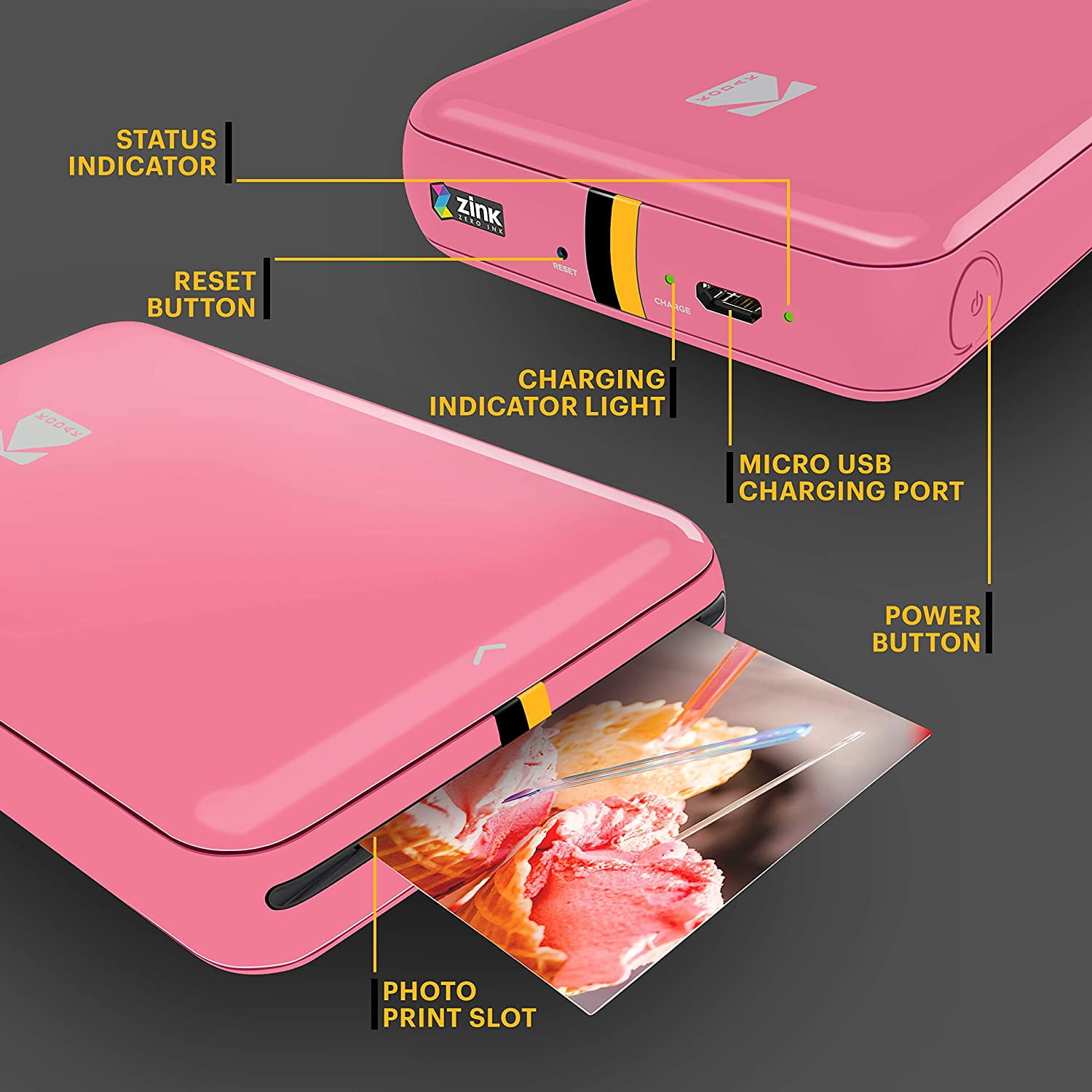 KODAK Step Instant Photo Printer with ZINK Technology, Bluetooth/NFC, Portable, Pink