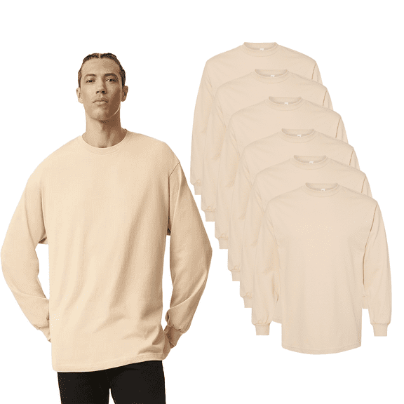 American Apparel Long Sleeve T-Shirt for Adult Men, Pullover Classic Fit Heavyweight 100% Cotton Tee, (Sand, 6 Pack, S)