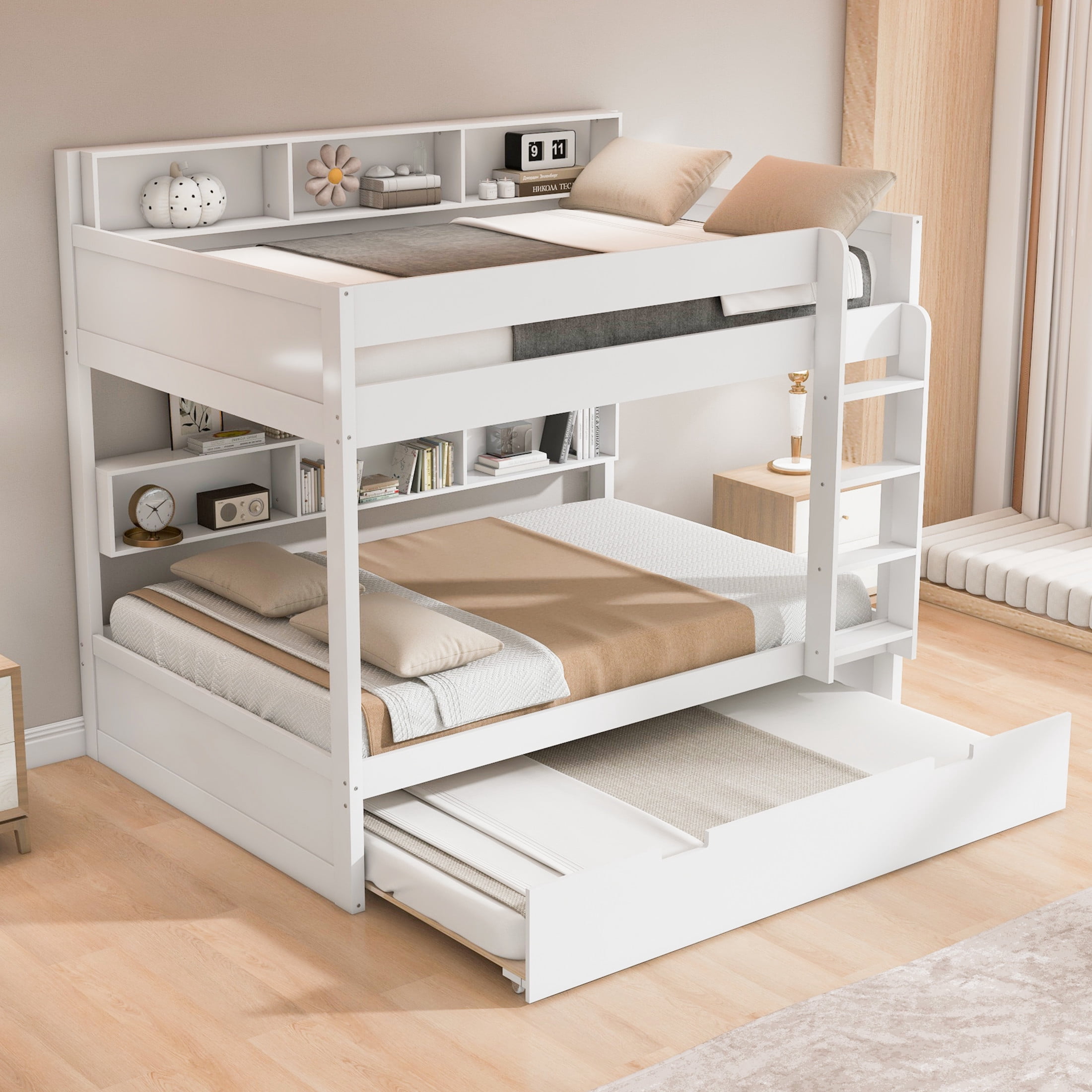 Noble House Erika Twin over Twin Bunk Bed with Pull-out Trundle and Integrated Storage Shelves, Antique White