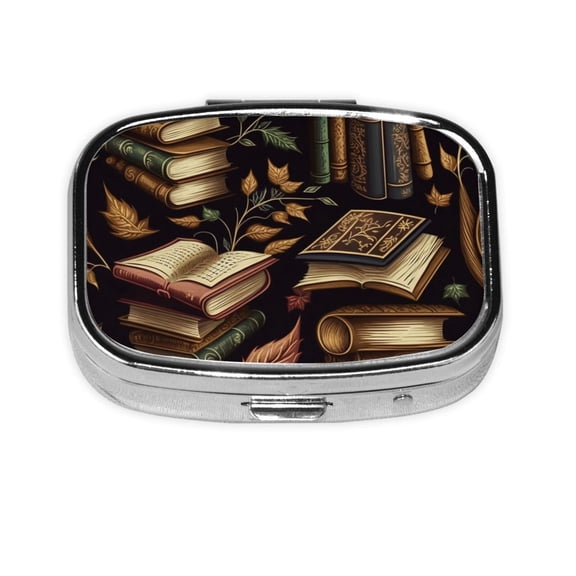 Library Books Magic Book Square Pill Box 2 Compartment Pill Case Medicine Organizer Decorative Gift for Purse Pocket