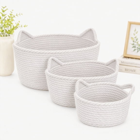 Cotton Rope Storage Basket, Decorative Organizer for Desktop, Bathroom, Vanity, Closet, Natural White/Beige