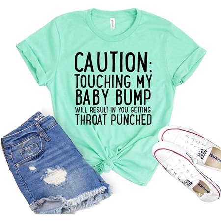 

JaneseAppar Caution Shirt Touching My Baby Bump Tshirt Women s Maternity Gift Announcement T-Shirt Pregnancy Reveal Shirts