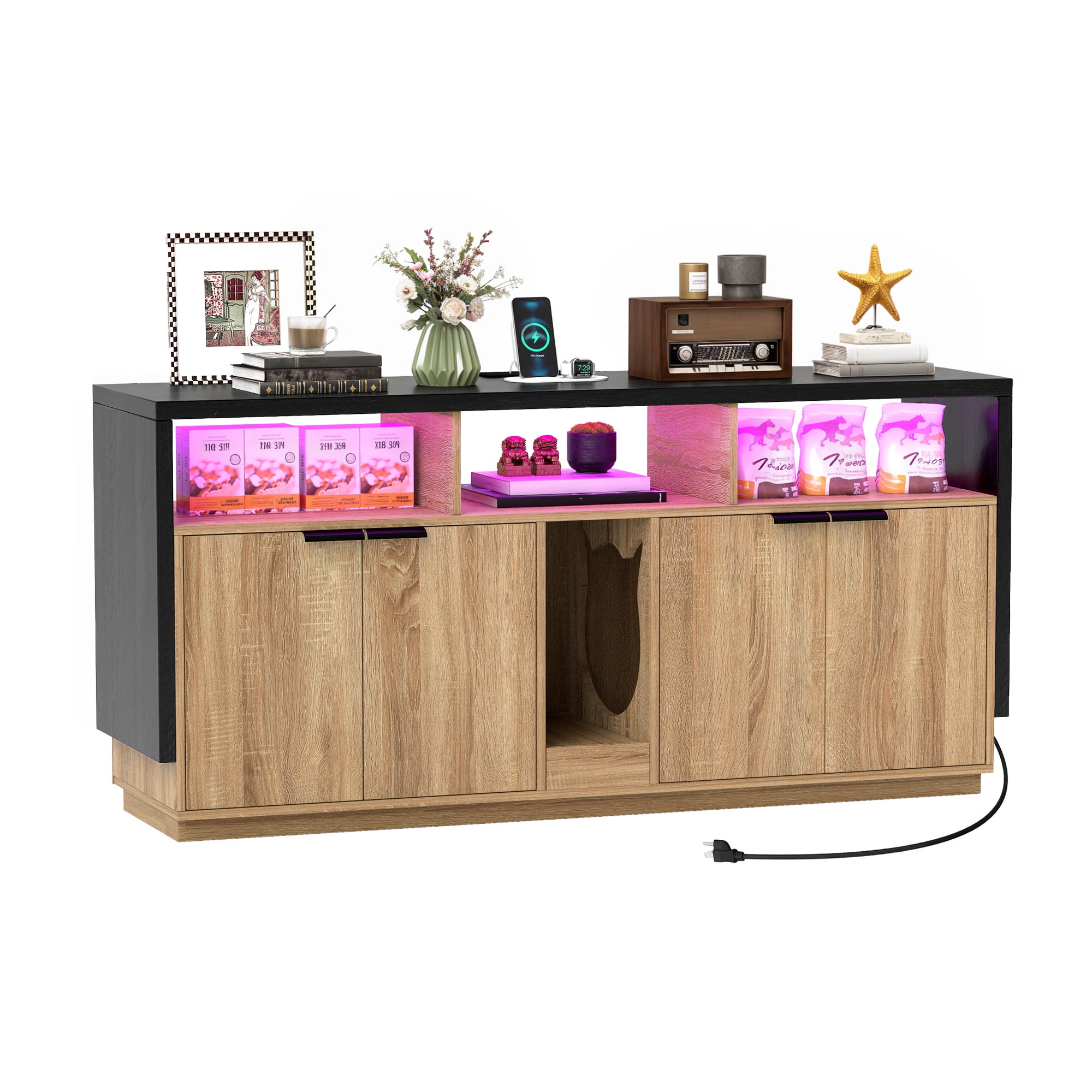 Craftian Cat Litter Box Enclosure with Power Outlet and LED Light, Wooden Long Cat Litter Box Enclosure TV Stand Furniture with Double Rooms - Oak