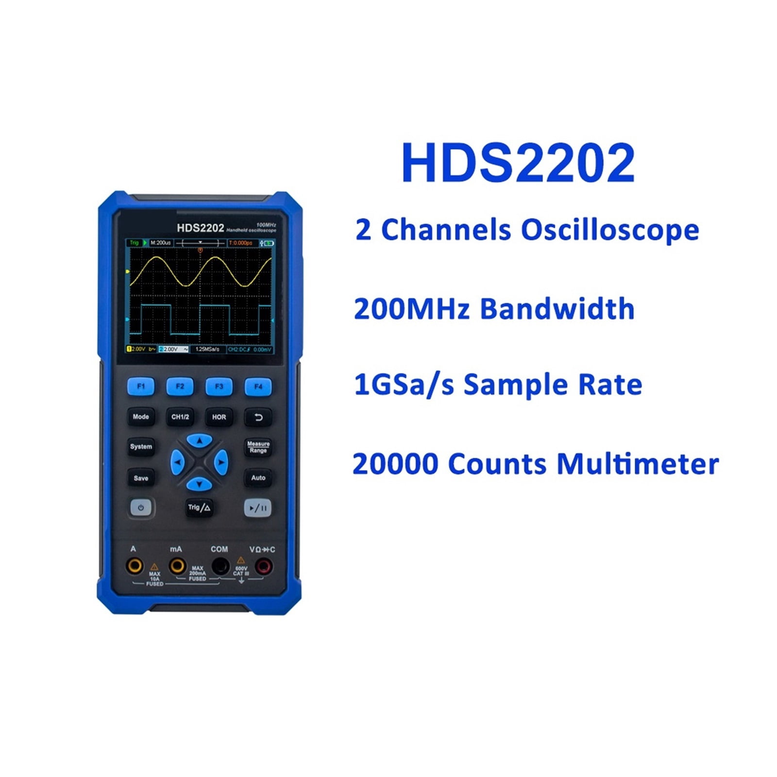 2CH HDS2202S 200MHz 1GSa/s Handheld Oscilloscope Multimeter 25MHz Waveform Signal Generator 3.5inch USB Test Tool ,Professional Designed