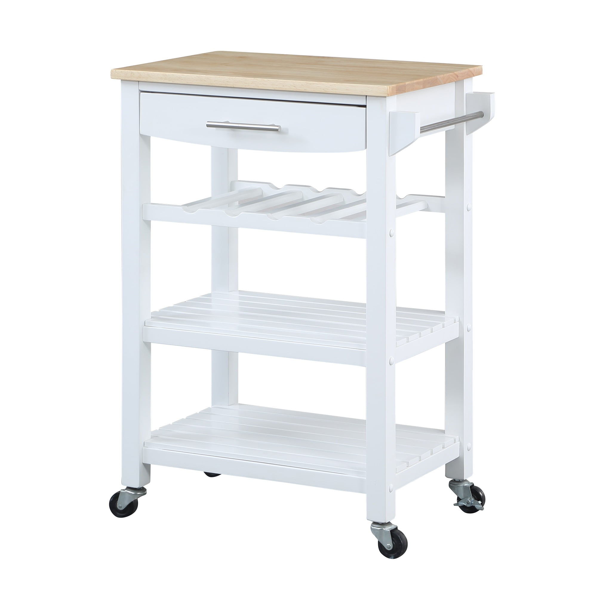 Convenience Concepts Ellaine 4 Tier Butcher Block Kitchen Cart with Drawer and Wine Rack, White/Butcher Block