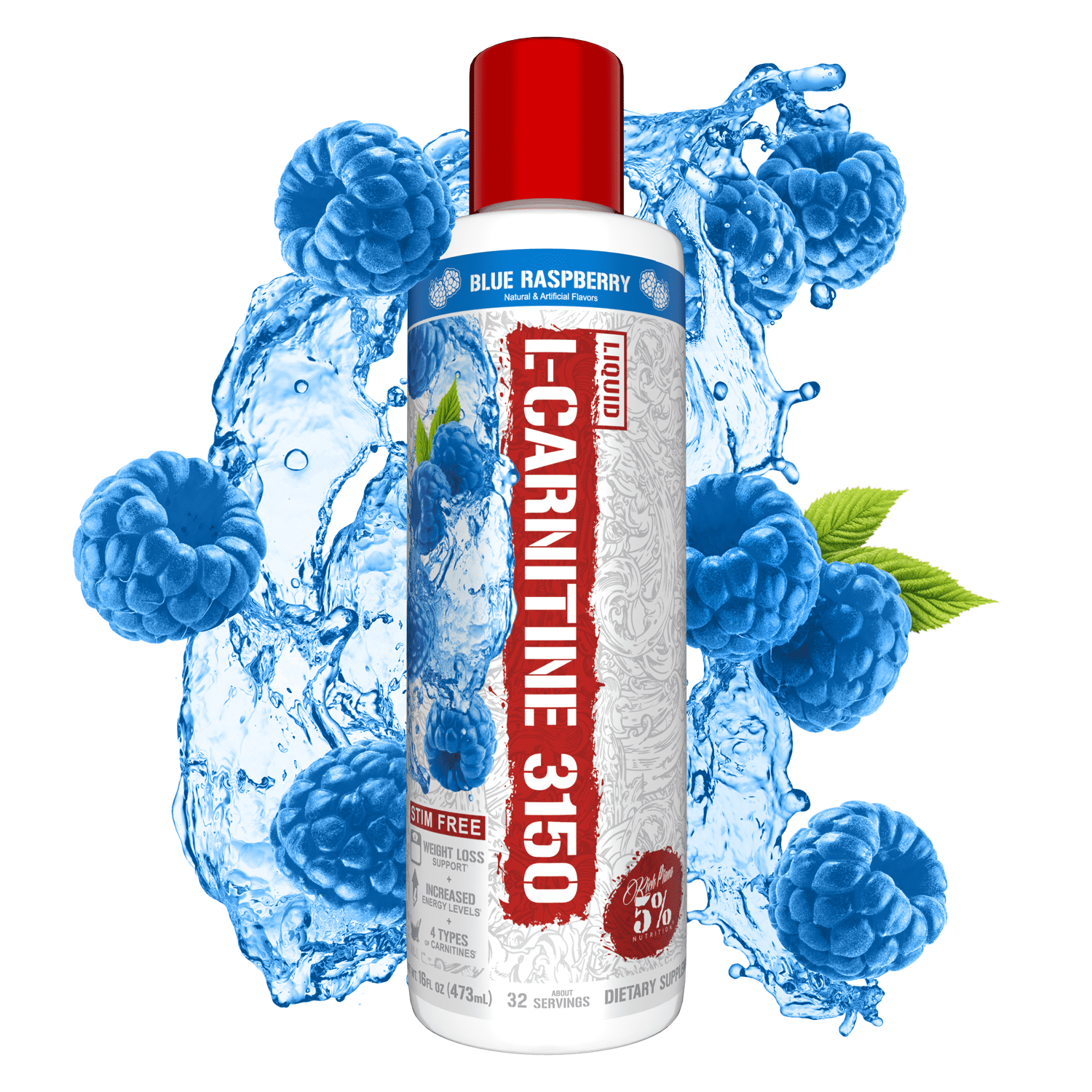 5% Nutrition Rich Piana Liquid L-Carnitine 3150 4 Source Blend with GBB (Blue Raspberry)