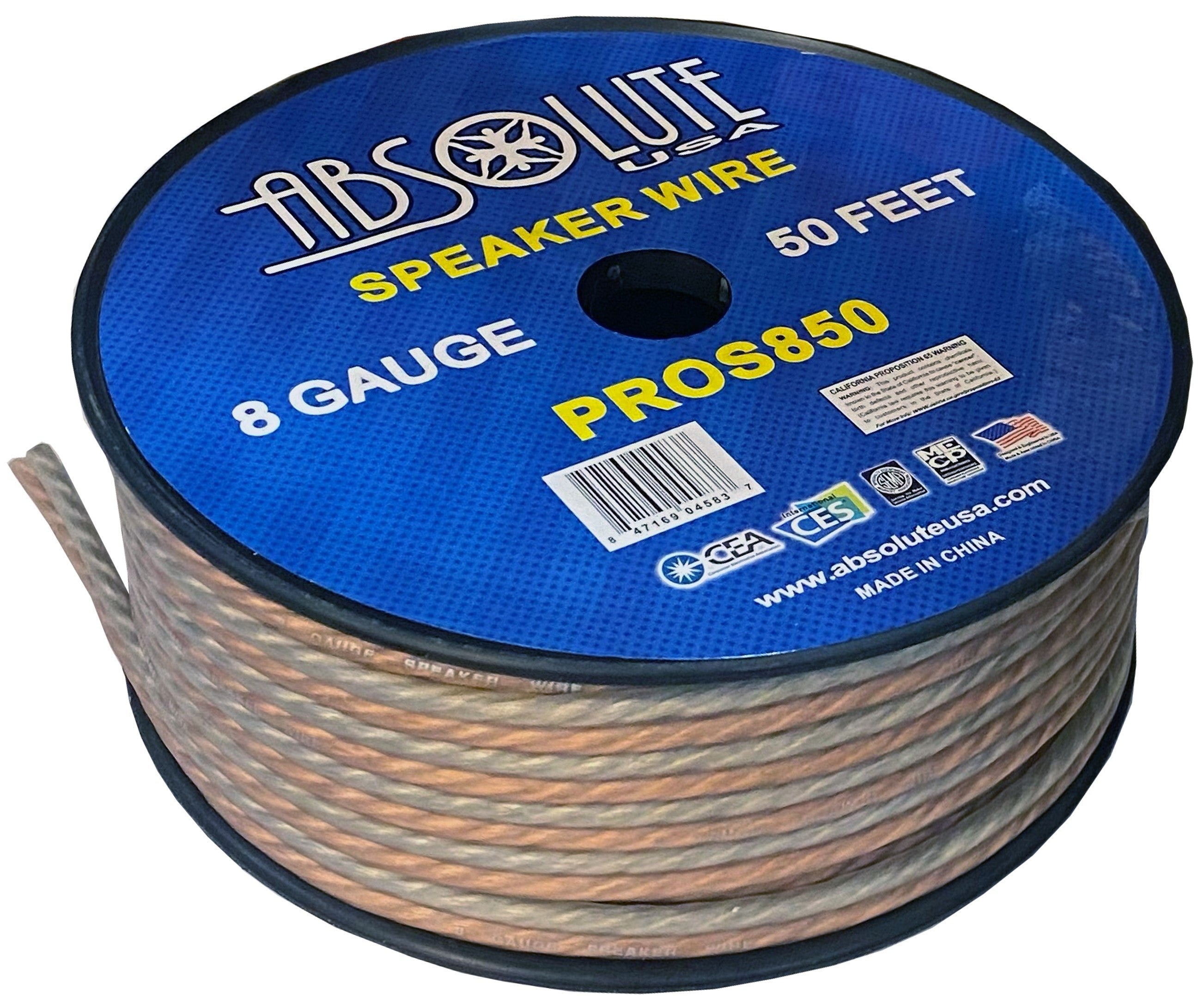 Absolute USA PROS850 8 Gauge Speaker Wire50' 8 Gauge PRO PA DJ Car Home Marine Audio Speaker Wire Cable Spool