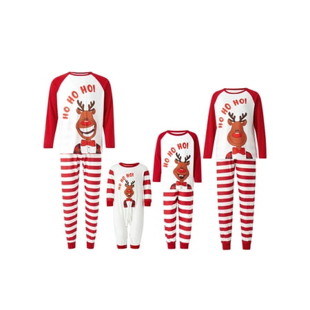 

Family Christmas Pajamas Matching Sets Cartoon Elk Print Long-Sleeve Tops with Striped Pants Sleepwear