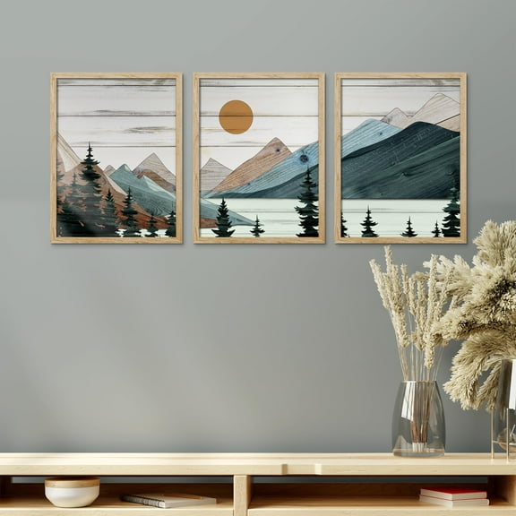 PixonSign Framed Canvas Print Wall Art Set - Rustic Wooden Mountain Landscape with Pine Trees Posters - Set of 3 Nature Wilderness Colorful Farmhouse Wall Décor for Living Room - 12"x16" Natural