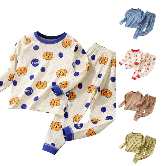 REDARER Unisex Kids 2 Piece Sleep Set Double Layer Pure Cotton Bear Print Crew Neck Long Sleeve Warm Loungewear Pajamas Homewear,10-11 Years
