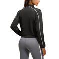 thumbnail image 6 of Women's Zip Up Cropped Jacket Long Sleeve Stand Collar Striped Trim Casual Track Jacket Elastic Cuffs Short Athletic Outerwear Black,M, 6 of 7