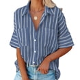 thumbnail image 2 of Sonducket Camisa de mujer Media manga a rayas Blusa con bolsillos Camisa de media manga a rayas Botón con cuello en V Top Prendas para la parte del cuerpo azul marino XL, 2 of 6