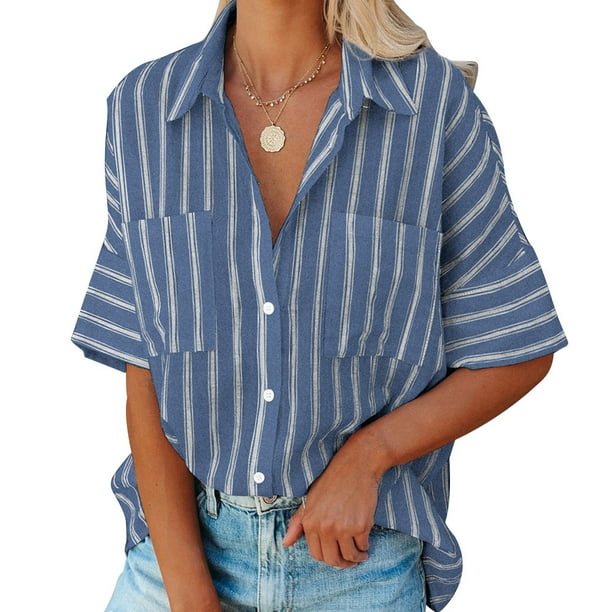 Qarigey Camisa de mujer Media manga a rayas Blusa con bolsillos Camisa de media manga a rayas Botón con cuello en V Top Prendas para la parte del cuerpo azul marino S Qarigey AP003125-21