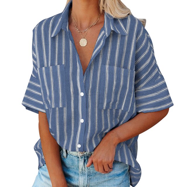 Jumpingount Camisa de mujer Blusa a rayas de media manga Camisa con bolsillos a rayas de media manga Top con cuello en V y botones Prendas para la parte del cuerpo azul marino XXL Jumpingount AP003125-25