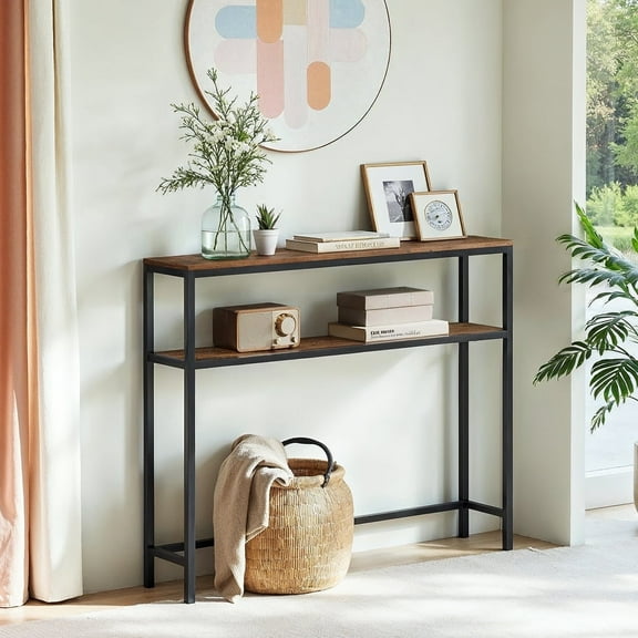 LEDREM 31.5" Modern 2-Tier Console Table, Narrow Sofa Table with Adjustable Feet for Entryway, Living Room, Rustic Brown and Black