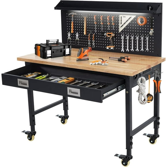 Ourlova Alician 48in x 24in Adjustable Workbench 2000 Lbs Capacity, Rubber Wood Shop Table Tool Storage Table with Drawer Table, Backplate, Metal Frame,Wood Top Workbench