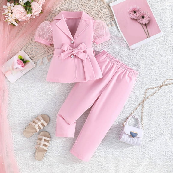 Stylish Girls Two Piece Outfit Fashion Sleeve Blouse with Mesh Sheer and Tailored Long Pants Suitable for Toddlers and Kids