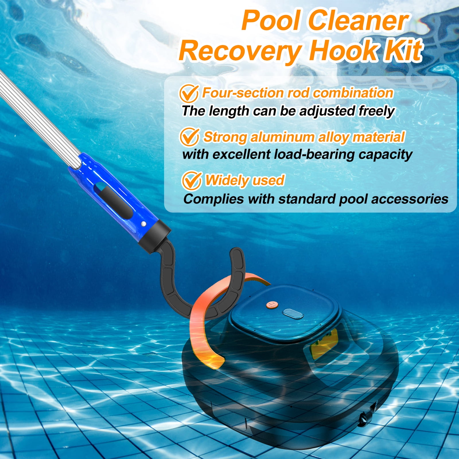 4 Section Aluminum Pool Pole with Hook for Robotic Pool Cleaners Vacuum Robot Accessories for Cordless Above Ground and Underwater Models 5.2 Feet Adjustable Handle