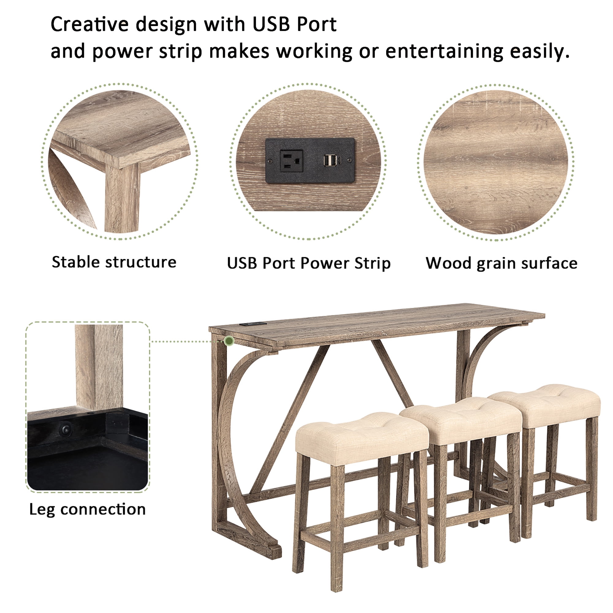 Gewnee 4 Piece Bar Table Set,Counter High Bar Table Set with Power Outlet and 3 Linen Chairs,Industrial Breakfast Table for Kitchen,Living Room.Brown