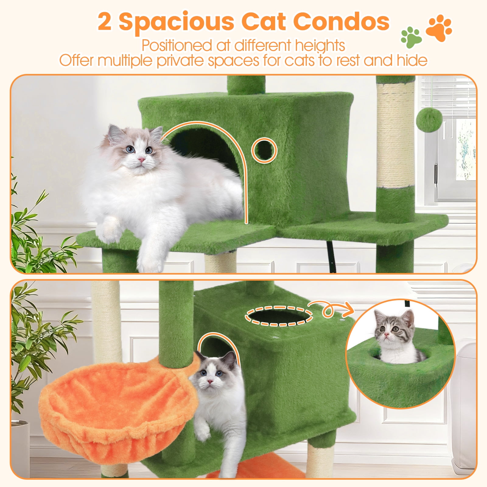Gymax 66'' Tall Cat Tree w/2 Condos Sisal Scratching Posts Plush Perch Hammock Basket