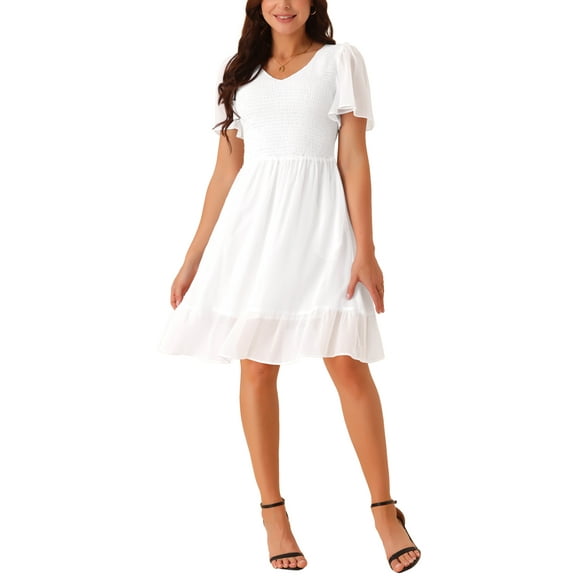 INSPIRE CHIC Women's Flowy Chiffon Dresses Summer Smocked V Neck Flutter Short Sleeve Ruffle Casual Mini Dress White L