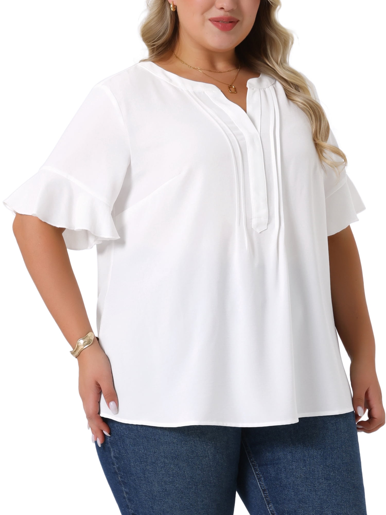 Women's Plus Top V Neck Ruffle Short Sleeve Casual Chiffon Blouse Shirt 4X White