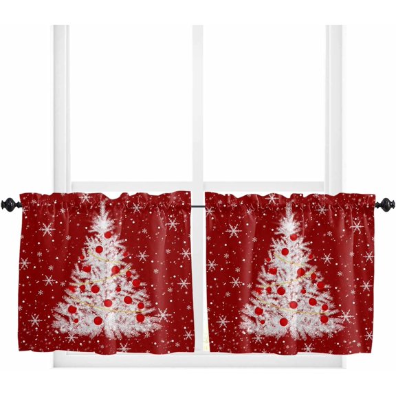 Red Christmas Tree Kitchen Curtain 2 Panels Tiers Curtains 24 Inch Length, Winter Balls Snowflake Xmas Tree Curtains Rod Pocket Curtains Window Drapes Treatment Window Cafe Curtains