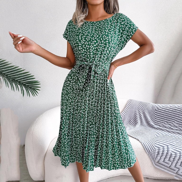 JAKANYQ Womens Dress Summer Midi Dress Small Petite Floral Print Short  Sleeve Temperament High Waist Pleated Swing Dresses With Belt Female Boho  Vacation Swing Flowy Bohemian Chic Sundress - Walmart.com