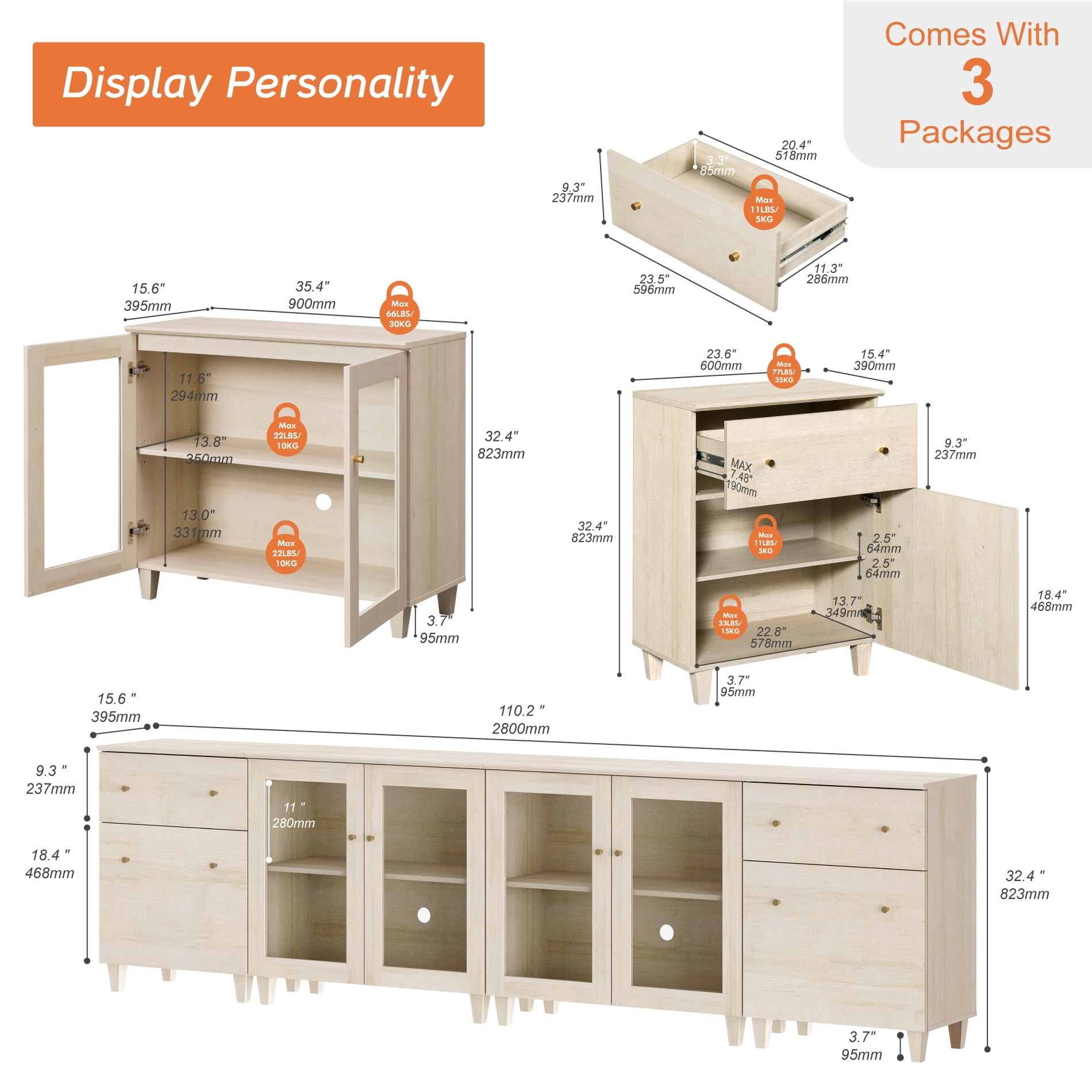 Modular Buffet Cabinet Sideboard With Glass Doors, Drawers, Adjustable Shelves and Cable Management For Kitchen Dining Room, 118" W, White Oak Wood