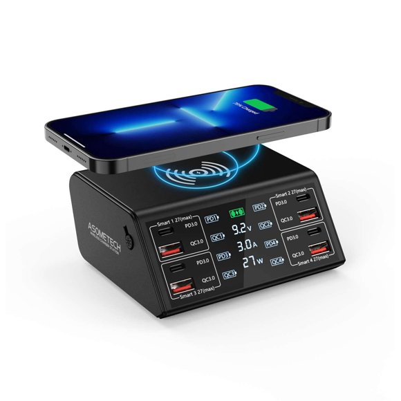 USB Charger, ASOMETECH 100W 8 Port Multiple USB Charging Station with 4 Quick Charge 3.0, 4 USB C PD Port, Wireless Charger, LCD Display Fast Charging Hub for iPhone 13