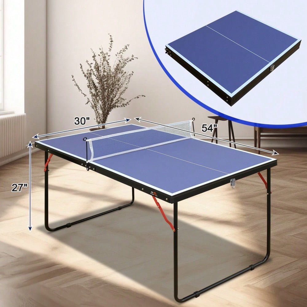 4ft Foldable Ping Pong Table Set, Compact Indoor Outdoor Table Tennis Table with Net, 2 Paddles & 3 Balls for Small Spaces, Apartments, Backyard, Thickened Aluminum Frame