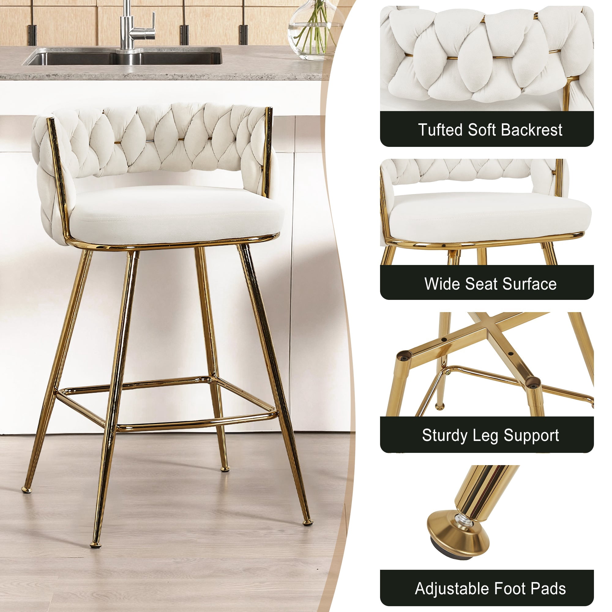 VECELO Modern Braided Bar Stools Set of 4 – Velvet Counter Height Stools with Woven Back Support & Footrest, Heavy-Duty Metal Frame Bar Chairs for Kitchen Island,White