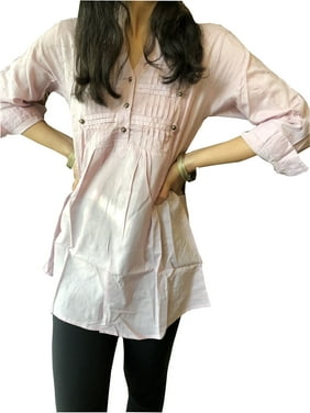 Mogul Women Beige 70s Retro Shirt, Button Front Blouse Casual Handmade Bohemian Summer Cotton Tops M