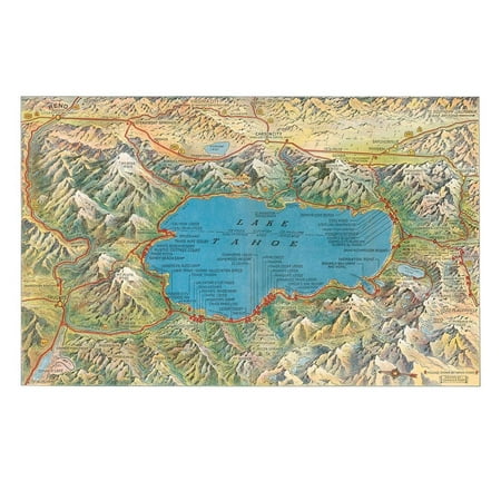 Old Map of Lake Tahoe Area Print Wall Art