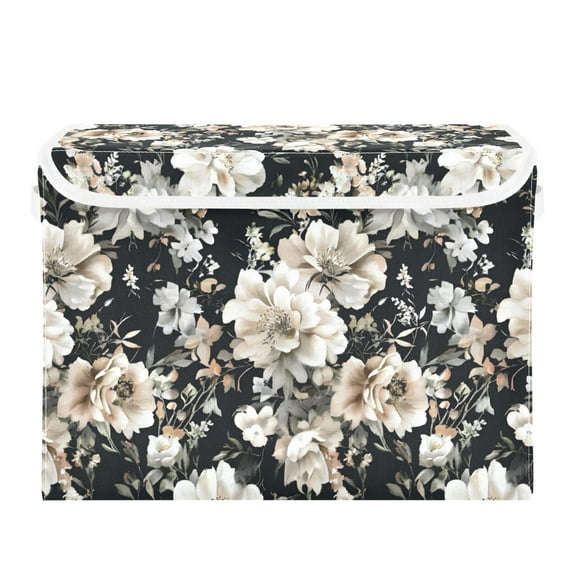 Elegant Floral on Black Large Storage Bins with Linen Collapsible Lid Storage Box 16.7 x 12.6 x 11.8in
