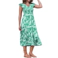 thumbnail image 4 of INSPIRAR CHIC Vestido Midi de Playa para Mujer de Verano con Estampado, Cuello en V, Cintura Elástica, Mangas con Volantes, Talla XS, Verde, 4 of 6